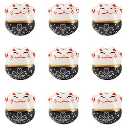 Черный 9шт. фарфоровые бусины ручной работы с принтом, Lucky Cat, чёрные, 13x14x11 мм, отверстие : 2 мм