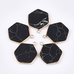 Синтетическая Бирюза Синтетические бирюзовые подвески, с латунной фурнитурой , шестиугольник, золотые, 30~31x24~25x2~3 мм, отверстие : 2 мм