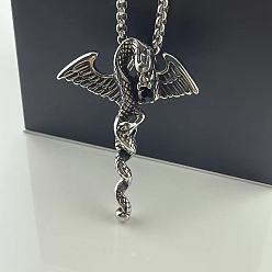 Нержавеющая Сталь Цвет Винтаж 304 подвеска в виде крылатого дракона из нержавеющей стали со стразами, панк-хип-хоп ожерелья для мужчин, цвет нержавеющей стали
