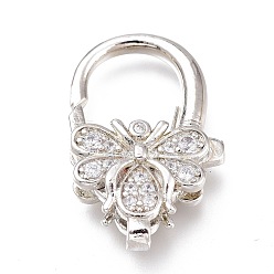 Platinum Brass Micro Pave Clear Cubic Zirconia Lobster Claw Clasps, Insect, Platinum, 25x16x6mm, Hole: 3x2mm