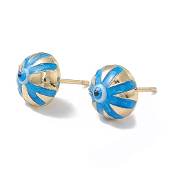 Deep Sky Blue Enamel Half Round with Evil Eye Stud Earrings, Real 18K Gold Plated Brass Jewelry for Women, Deep Sky Blue, 6x10x6mm, Pin: 1mm