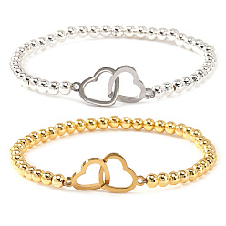 Платиновый & Золотой 2 браслеты из переплетающихся сердечек 304 браслеты из нержавеющей стали, латунные круглые бусины эластичные браслеты для женщин, платиной и золотом, 6.89 дюйм (17.5 см)