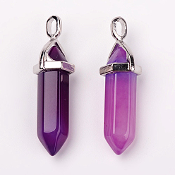 Natural Agate Natural Agate Double Terminated Pointed Pendants, with Random Alloy Pendant Hexagon Bead Cap Bails, Bullet, Platinum, 37~40x12mm, Hole: 3mm