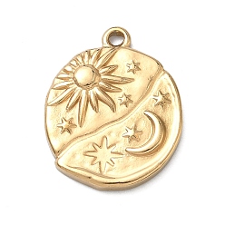 Золотой 304 подвески из нержавеющей стали, плоская круглая подвеска в виде солнца, луны и звезды, ионное покрытие (ip), долговечный, золотые, 23.5x18.5x3 мм, отверстие : 1.6 мм