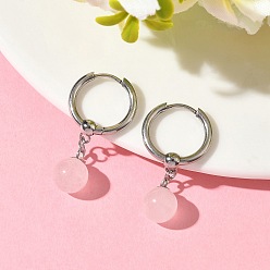 Розовый Кварц Круглые серьги-кольца из натурального розового кварца, с 202 серьгами-кольцами из нержавеющей стали, с 316 хирургическими штифтами из нержавеющей стали, цвет нержавеющей стали, 33 мм