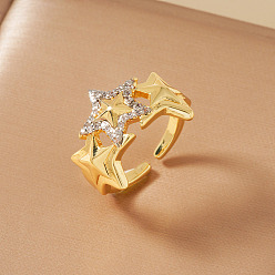 Звезда Элегантные геометрические латунные кольца-манжеты с микропаве из кубических цирконий для женщин, золотой и серебряный, звезда, 20x16 мм