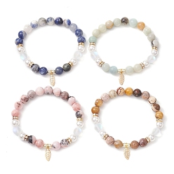 Смешанные камни 8.5 Эластичные браслеты из круглых драгоценных камней и бисера мм., лист 304 браслеты с подвесками из нержавеющей стали для женщин, внутренний диаметр: 2 дюйм (5.2 см)