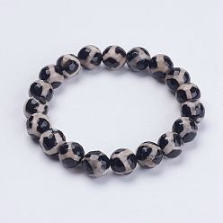 Black Tibetan Style Dzi Bead Stretch Bracelets, with Burlap Packing Pouches Drawstring Bags, Black, 2-1/8 inch(53mm)