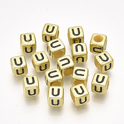 Letter U Акриловые бусины, горизонтальное отверстие, металлическое покрытие, куб с letter.u, 6x6x6 мм, 2600 шт / 500 г