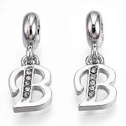 Letter B Европейские подвески с подвесками из платинового сплава со стразами, Подвески с большими отверстиями, буквы, без кадмия и без свинца, letter.b, 23~27 мм, отверстие : 4.5 мм, подвески: 13~16.5x6~14x2 мм, отверстие : 2 мм