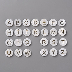 WhiteSmoke 26Pcs 26 Style Natural Freshwater Shell, Flat Round with Alphabet, WhiteSmoke, 12x1.5mm, Hole: 1mm