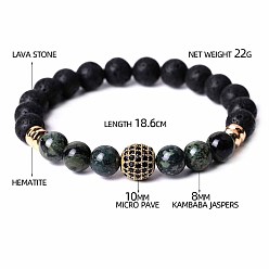 Смешанные камни Браслеты из круглых бусин для мужчин и женщин из натуральной риолитовой яшмы, лавового камня и кубического циркония., с синтетическим немагнитным гематитом, 7-3/8 дюйм (18.6 см)