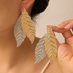 Hoja Pendientes de botón de aleación bicolor para mujer, acero color oro y acero, hoja, 85x40 mm