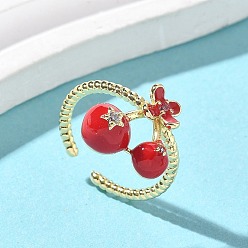 Золотой Латунные микропаве прозрачные кубические циркониевые эмалевые регулируемые манжеты для женщин, вишня, золотые, вишневый: 15x14 мм, внутренний диаметр: регулируемый