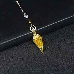 Citrine Resin Cone Dowsing Pendulums, Natural Citrine Chip inside and Metal Findings Charm, 380mm