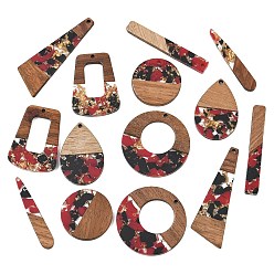 Red Walnut Wood & Transparent Resin & Gold Foil Pendants, Mixed Shapes Charm, Red, 28.5~56x7.5~38.5x2.5~3.5mm, Hole: 1.5~2mm, about 14pcs/set