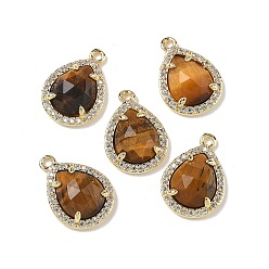 Тигровый глаз Натуральные граненые подвески-капли из тигрового глаза, подвески-капли из латуни с микропаве из прозрачного кубического циркония, стойки покрытие, долговечный, золотые, 16.5x12x5 мм, отверстие : 1.2 мм
