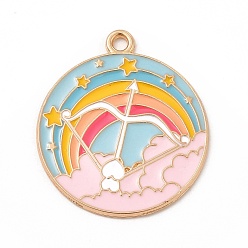 Arco iris Colgantes de la aleación del esmalte, plano y redondo, la luz de oro, patrón de arco iris, 28x24x1 mm, agujero: 2 mm