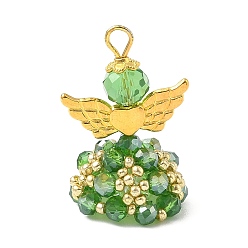 Зеленый Подвески гальванизируйте стекла, ангел, с золотыми бусинами из сплава и железной петлей, граненые, зелёные, 31x21.5x19 мм, отверстие : 4 мм