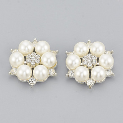 Серебро Плоские задние кабошоны из сплава, с абс пластмассовой имитационной жемчужиной, цветок, серебряный цвет гальваническим, 28x25x8.5 мм