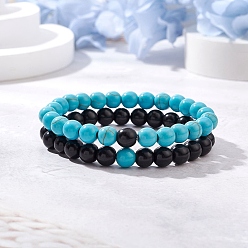 Бирюза 2шт 2 цвета окрашенные синтетические бирюзовые бисерные эластичные браслеты для женщин и мужчин, внутренний диаметр: 2-1/8 дюйм (5.5 см), 1 шт / цвет