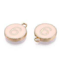 Misty Rose Light Gold Plated Alloy Enamel Charms, Enamelled Sequins, Flat Round with Number, Number 0~9, Misty Rose, 14.5x12x2.5mm, Hole: 1.4mm, 10pcs/set