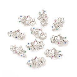 Platinum Brass Cubic Zirconia Peg Bails Pendants, For Half Drilled Bead, Flower, Lead Free & Cadmium Free, Platinum, 20x13x6mm, Hole: 3x6mm, Pin: 0.9mm
