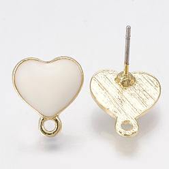 Льняное Полотно Сплав серьги выводы, с петлей, необработанные (без покрытия) булавки и эмаль, сердце, золотой свет, белье, 12x10.5 мм, отверстия: 1.5 мм, штифты: 0.7 мм