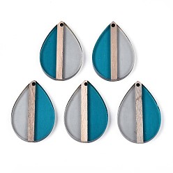 Стально-синий Прозрачные подвески из смолы и дерева, слеза, два тона, стальной синий, 36~36.5x24.5x3.5 мм, отверстие : 2 мм