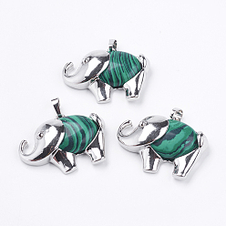 Малахит Синтетического малахита подвески, с латунной фурнитурой платинового цвета, слон, 29x38x10 мм, отверстие : 5x3.5 мм