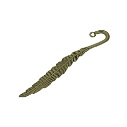 Antique Bronze Tibetan Style Alloy Bookmark Findings, Feather, Cadmium Free & Lead Free, Antique Bronze, 79x13x2.5mm, Hole: 2mm, about 210pcs/1000g