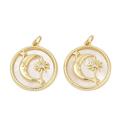 Настоящее золото 18K Латунные микро проложить кубического циркония подвески, с оболочкой, плоский круглый с подвесками солнца и луны, без кадмия и без свинца, прочное покрытие, стойки покрытие, реальный 18 k позолоченный, 22x20x2.5 мм, отверстие : 3.5 мм
