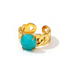 Golden 304 Stainless Steel Cuff Open Rings, Round, with Turquoise, Golden, 17mm