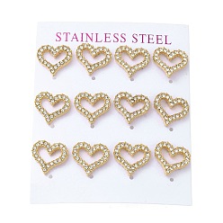 Золотой Вакуумное покрытие pvd 304 серьга-гвоздик из нержавеющей стали, со стразами, сердце, золотые, 13x14 мм, 12 шт / комплект