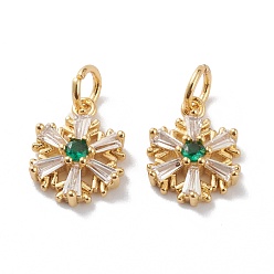 Green Brass Micro Pave Cubic Zirconia Pendants, with Jump Rings, Real 18K Gold Plated, Long-Lasting Plated, Snowflake, Green, 17x10x3mm, Jump Ring: 5.5x1mm, Inner Diameter: 4mm