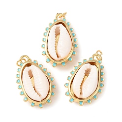 Настоящее золото 18K Подвески из натуральной каури, с латунной небесно-голубой эмалью, подвески в форме ракушек, без кадмия и без свинца, стойки покрытие, долговечный, с прыжковых колец, цветочный белый, реальный 18 k позолоченный, 28~28.5x18x8 мм, отверстие : 3 мм