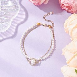 Плоский Круглый Многорядные браслеты из ракушечных жемчужин и круглых бусин для женщин, с 304 кабельными цепочками из нержавеющей стали, плоско-круглые, 7-3/4 дюйм (19.7 см), очарование: 13x20x8 мм.