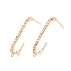Real 18K Gold Plated Brass Clear Cubic Zirconia Stud Earring Findings, with Horizontal Loops, Oval, Cadmium Free & Nickel Free & Lead Free, Real 18K Gold Plated, 30x18mm, Hole: 1.2mm, Pin: 0.7mm