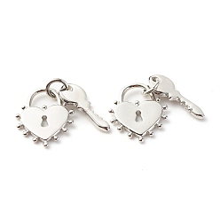 Платина Латунные подвески, с целью перехода в кольце, без кадмия и без свинца, Ключ и замок, платина, 15.5x13x1.5 mm и 15.5x6.5x1 mm, отверстие : 3.5 мм