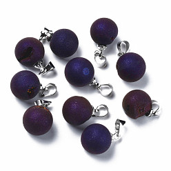 Indigo Natural Agate Charms, with Platinum Brass Findings, Rack Plating, Round, Indigo, 15x11x10.5mm, Hole: 4x5mm