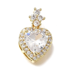 Oro Latón micro pavimenta claro colgantes de circonio cúbico, encantos del corazón, chapado en rack, larga duración plateado, sin plomo y cadmio, dorado, 18x11.5x9 mm, agujero: 3x2 mm