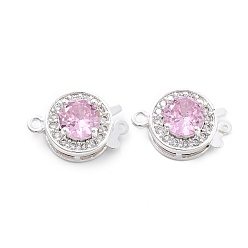 Бледно-Розовый Плоские круглые микро латунь проложить застежками ящик кубического циркония, со стеклом, 2 нитей, 2-луночное, реальный 18 k позолоченный, розовый жемчуг, 12x17x6.5 мм, отверстия : 1 mm и 1.4 мм