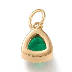 Teal Vacuum Plating 304 Stainless Steel Cubic Zirconia Pendant, Triangle, Golden, Teal, 12.5x9.5x5mm, Hole: 5mm
