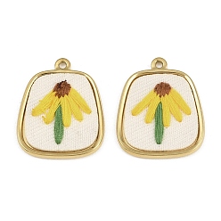 Real 18K Gold Plated 304 Stainless Steel & Embroidered Pendants, Trapezoid with Flower Charms, Yellow, Ion Plating(IP), Long-Lasting Plated, Real 18K Gold Plated, 27x22x3.5mm, Hole: 1.6mm