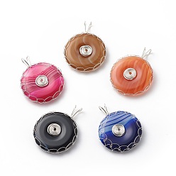 Silver Natural Striped Agate/Banded Agate Pendants, Dyed, with Eco-Friendly Copper Wire Wrapped, Donut/Pi Disc Charm, Mixed Color, Silver, 40.5x30x6mm, Hole: 4x7.5mm