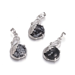 Снежный Обсидиан Естественно снежинка обсидиана подвески, с латунной фурнитурой платинового цвета, лебедь, 30.8x18.8x8.5 мм, отверстие : 7x5 мм