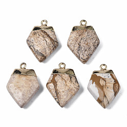 Picture Jasper Natural Picture Jasper Pendants, with Golden Brass Findings and Iron Loop, Rack Plating, Faceted, Shield, 25~26x17~18x5.5~6.5mm, Hole: 1.8mm