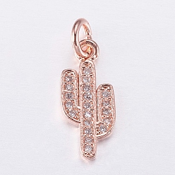 Розовое Золото Латунные микро проложить кубического циркония прелести, кактус, розовое золото , 15x6.5x1 мм, отверстие : 3 мм