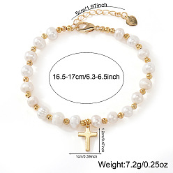 Белый Элегантные браслеты из натурального пресноводного жемчуга и латунных бусин., украшения из сплава с подвесками для женщин, крестик, белые, 6.50 дюйм (16.5 см) ~ 6.89 дюйм (17.5 см)