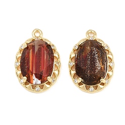 Sienna Brass Glass Pendants, Oval Charms, Faceted, with Glitter Powder, Golden, Sienna, 20x14x5.5mm, Hole: 1.4mm